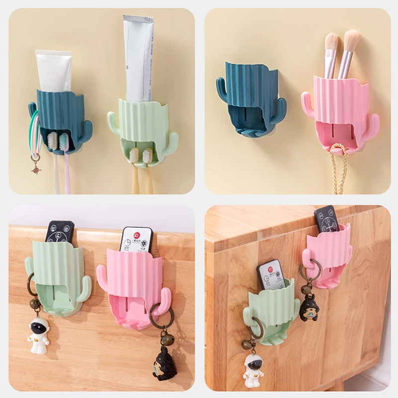 Wall Self-adhesive Storage Rack Toothpaste Holder Cactus Hook Drain Bathroom Shelf Wall-mounted Toothbrush Organizer