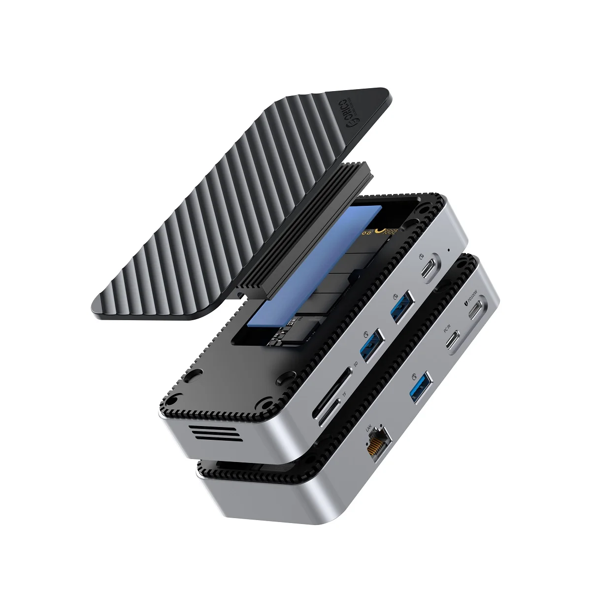 ORICO USB C Display Hub 10Gbps مع مروحة تبريد M.2 NVMe SATA SSD الضميمة HDMI RJ45 SD/TF محطة إرساء للاعبين