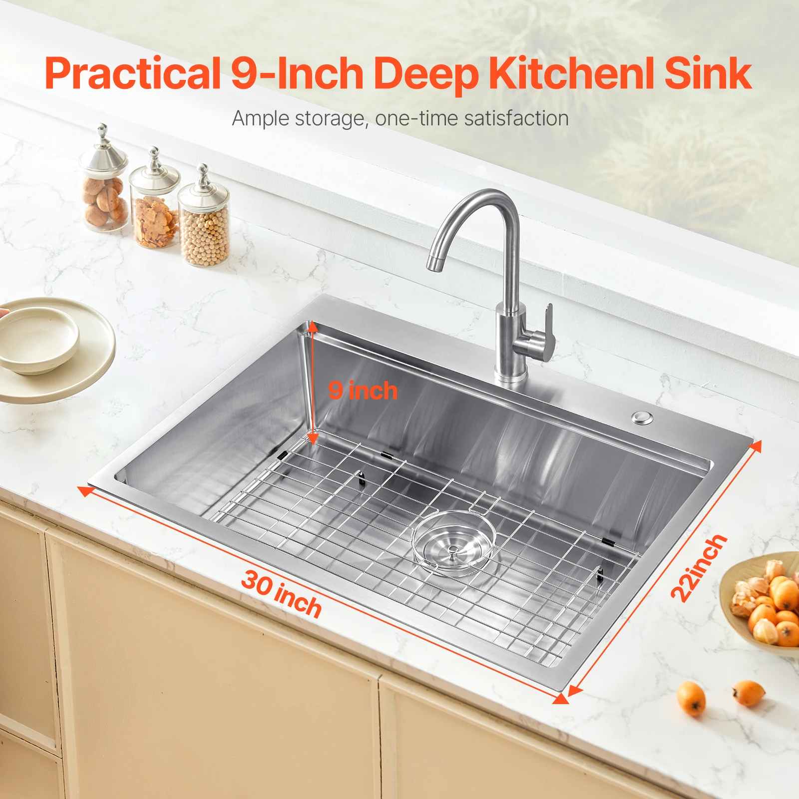 SucceBuy Kitchen Sink Workstation Stainless Steel Top Mount Sink DropIn Single Bowl Farmhouse Basin w/Ledge&Multiple Accessories