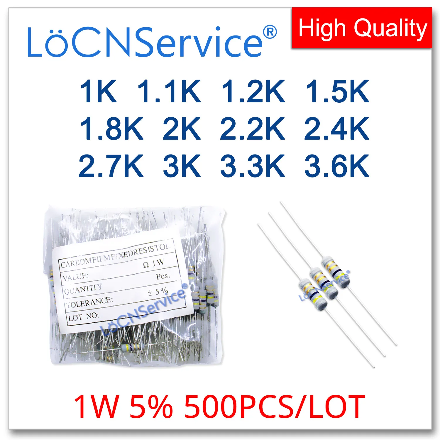 LoCNService 500PCS/LOT 5% 1W 1K 1.1K 1.2K 1.5K 1.8K 2K 2.2K 2.4K 2.7K 3K 3.3K 3.6K Carbon Film Resistor DIP OHM