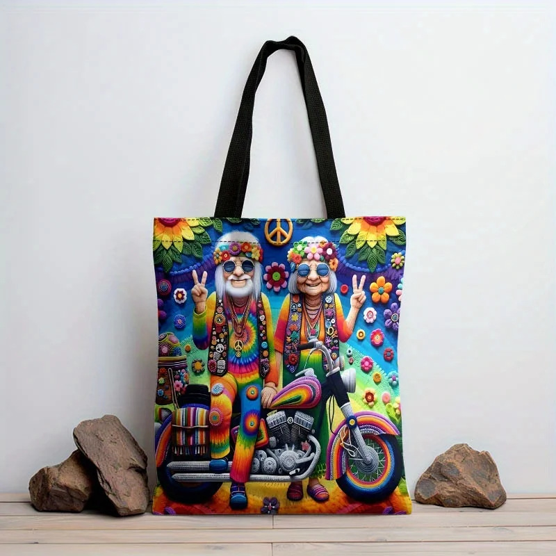 Chic Motorcycle & Grandparents Tote Bag - Large Capacity Durable Shoulder Bag for Women Versatile Shopping Casual Handbag