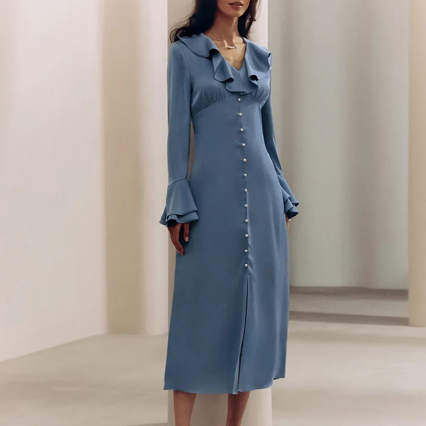 الخريف الفرنسية الأزرق فستان ستان الراقية كشكش حافة متوسطة وطويلة الخصر القرن كم تنورة على شكل حرف A