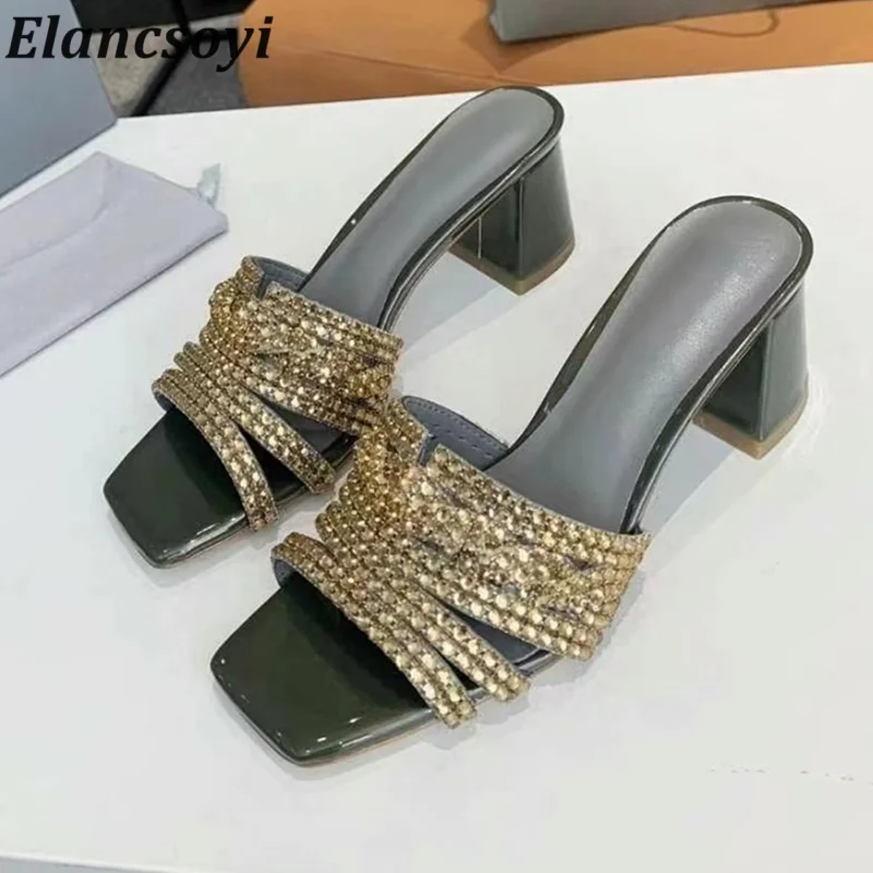 Shiny Rhinestone High Heels Slippers Women's Square Toe Hallow Mouth Chunky Heels Lazy Sandals Summer Outdoor Vacation Shoes