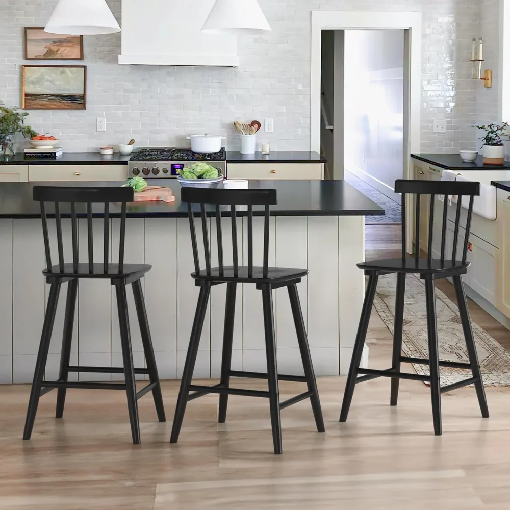 

Wooden Bar Stools Set of 3 for Kitchen Island, Farmhouse 24 Inch Counter Height Stools Chairs with Spindle Back