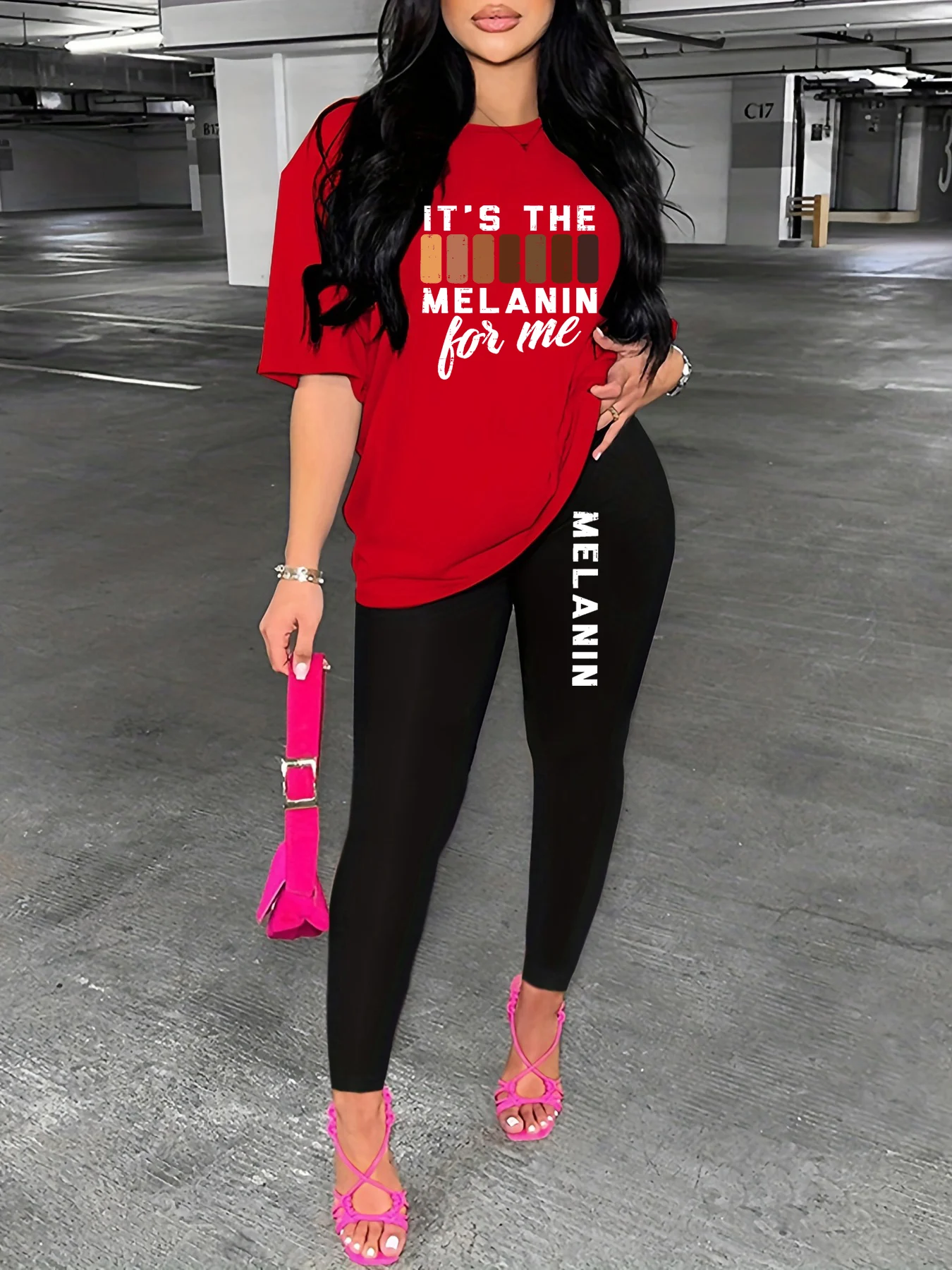 Women\'s MELANIN printed round neck T-shirt tight pants two-piece set Sportswear T-Shirts and Shorts Ladies Casual O-Neck Pullov