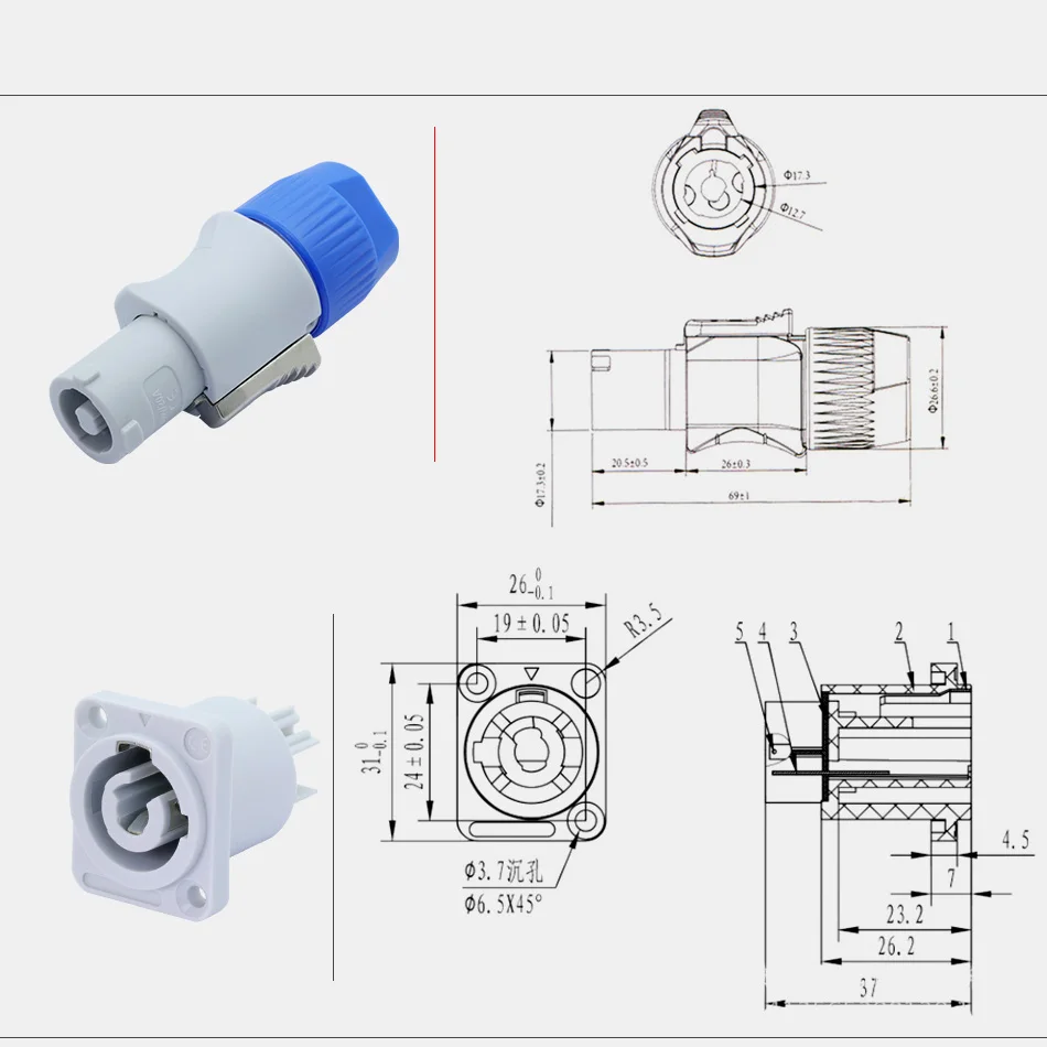 10pcs/5 Sets 3Pin AC Power Plug Chassis Panel Mount 250V 20A Type A NAC3FCA+NAC3MPA-1 Out/In Light PowerConnector