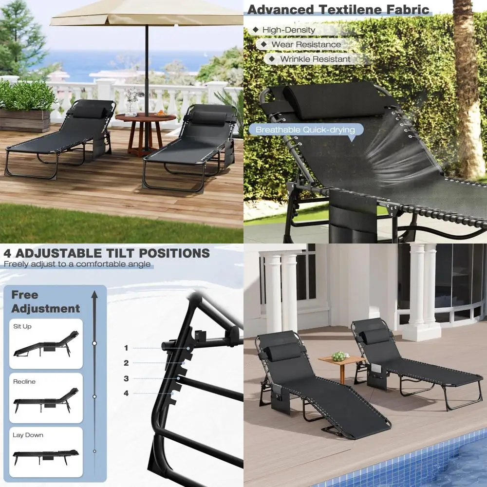 

Portable Outdoor Patio Sun Tanning Lounge Chairs Set of 2 with 4-Position Reclining Back, Pool Chaise Relaxation Chairs