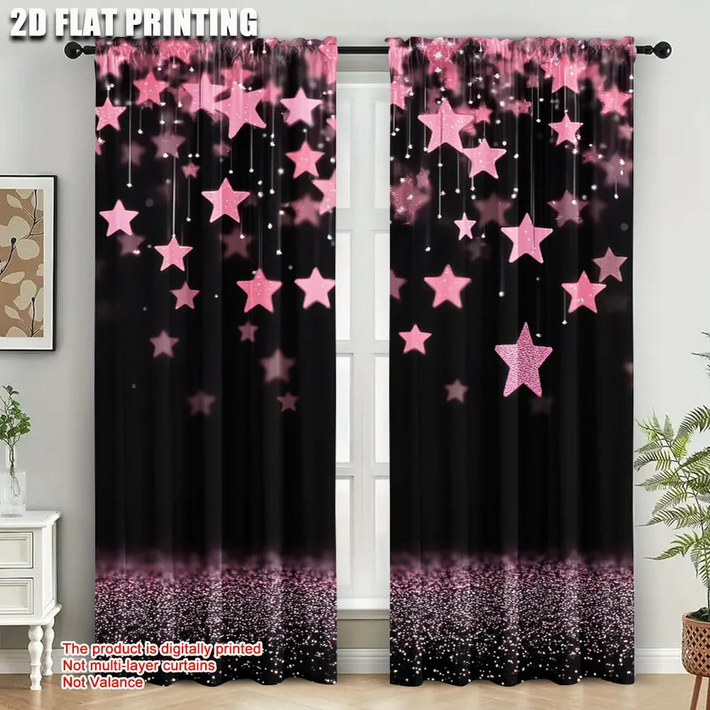 2Pcs Blackout Curtain Pink Stars Polyester For Bedroom And Living Room Machine Washable Privacy-Enhancing Curtains