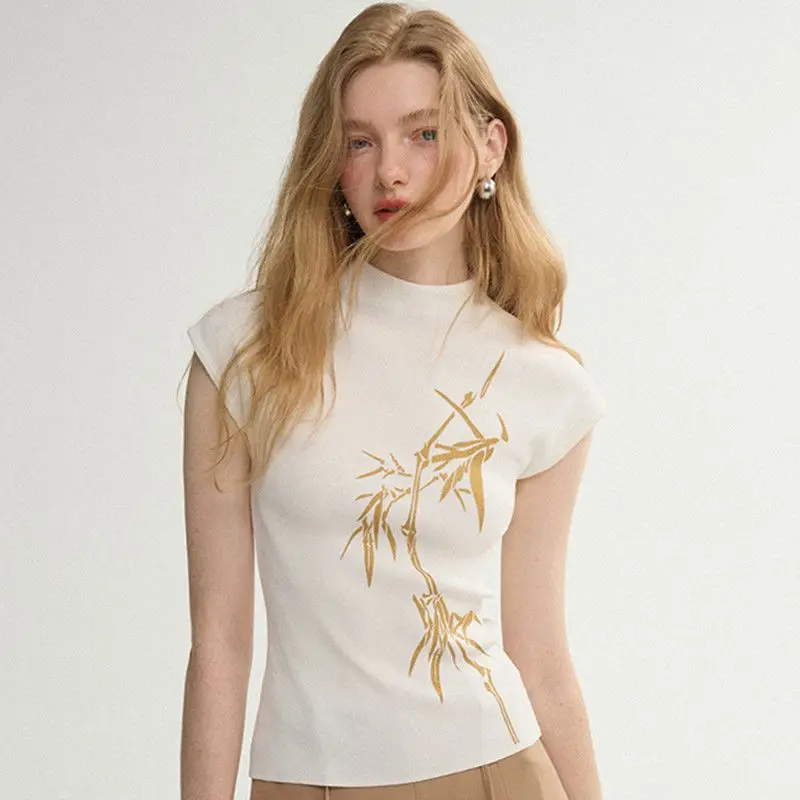 

Летняя модная новинка 2026: женская футболка в китайском стиле с полувысоким воротом, приталенная, коричневая, из чистого хлопка, с коротким рукавом