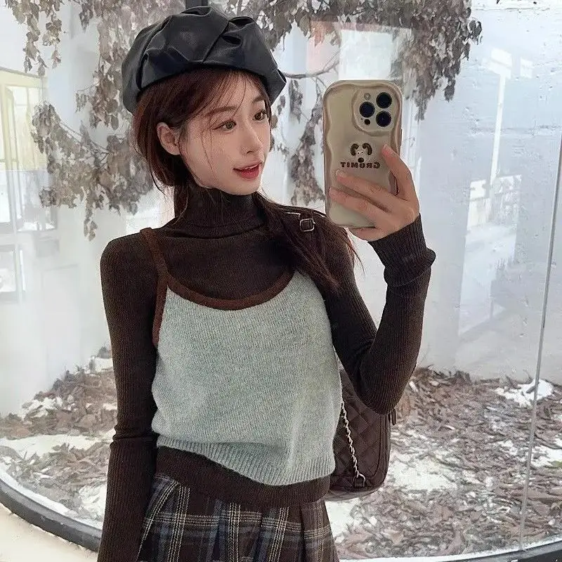 

Two-Piece Turtleneck T-Shirt Bottoming Shirt Suspender Vest Solid Color Knitted Women'S Autumn Winter New Suit