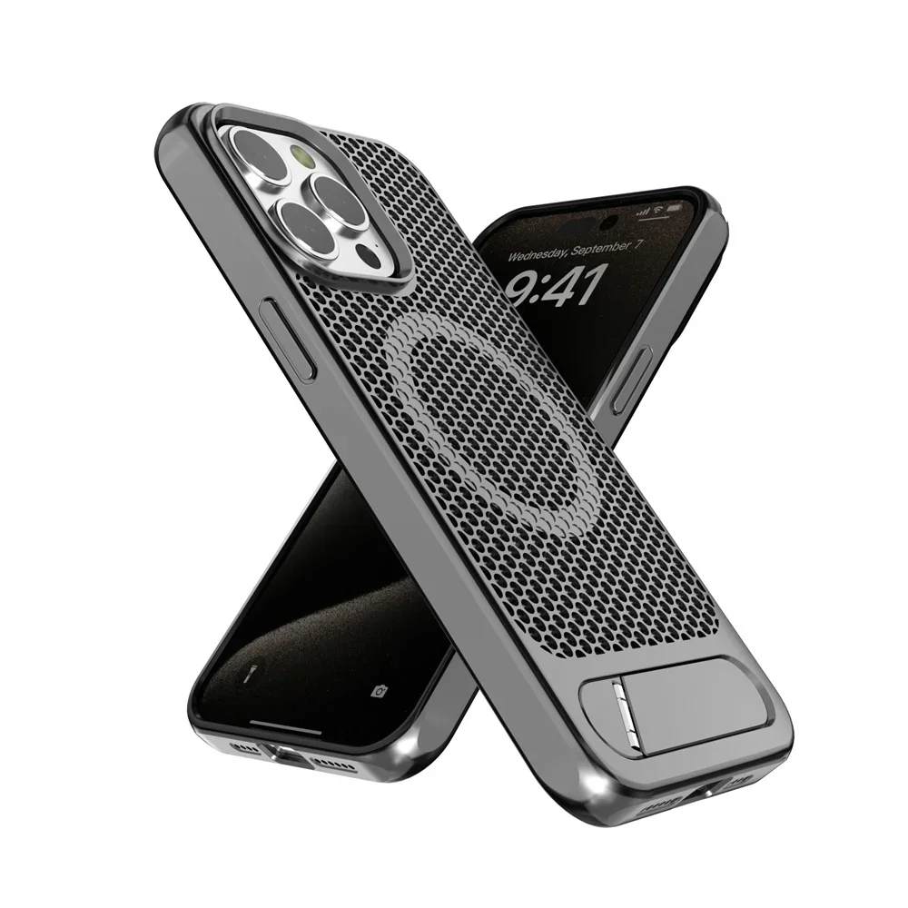 Cooling Stand Magnetic Phone Case For iPhone 16 15 14 11 12 13 Pro Max Heat Dissipation Plain Color Shockproof Back Cover Poco f
