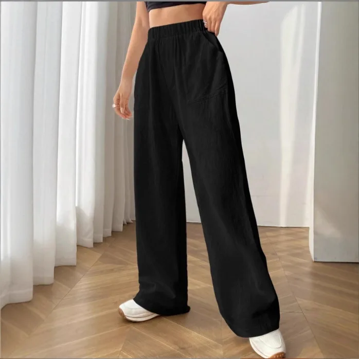 2026 novas calças femininas cor sólida algodão e cânhamo bolsos cintura elástica solta calças de perna larga