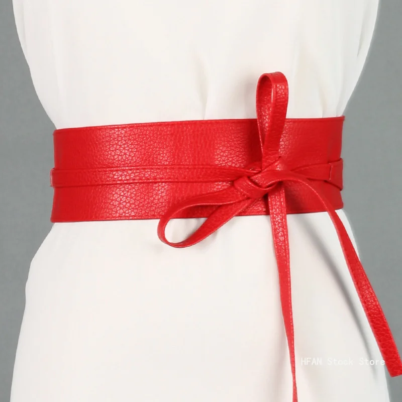 New Designer Spring Autumn Women Belt for Dress Fashion Metallic Color Soft Faux Leather Wide Belt Self Tie Wrap Waist Dress