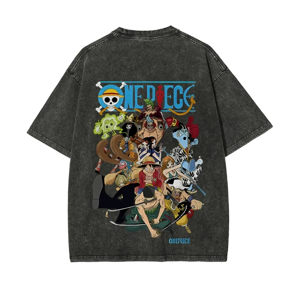 

ONE PIECE Men's and Women's Washed T-Shirt Monkey D. Luffy Roronoa Zoro Summer Spring Anime Tee Retro Distressed Short Sleeve