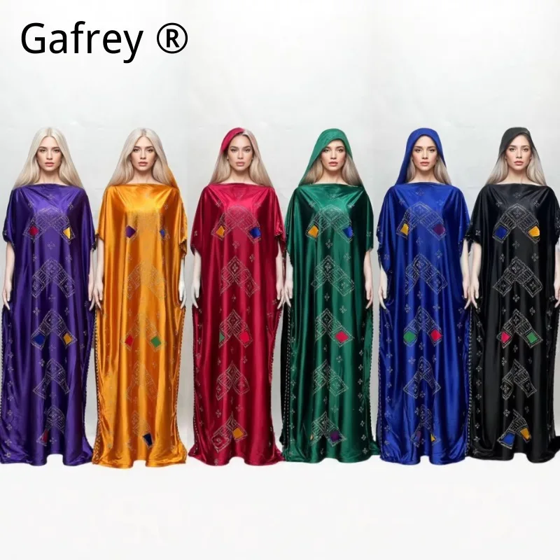 

Women’s Modest Casual Long Robe with Hijab, Double-Sided Rhinestone Color Block Patchwork Plus Size Loose Fit Muslim Dress