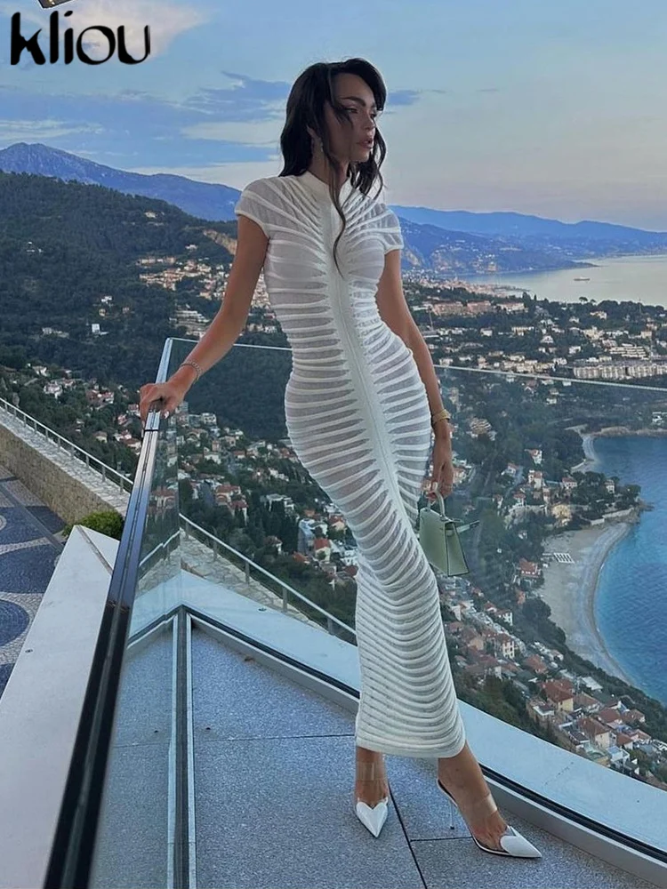 kliou Summer Women Knitted Maxi Dress Hipster Striped Ruched Short Sleeve Sheer Body-shaping Vestido Female Elastic Streetwear