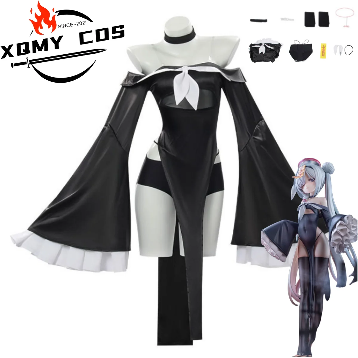 

XQGame Blue Archive The Animation Plana Косплей Костюм A.R.O.N.A Little Zombie Черное платье Шорты Женский сексуальный костюм на Хэллоуин