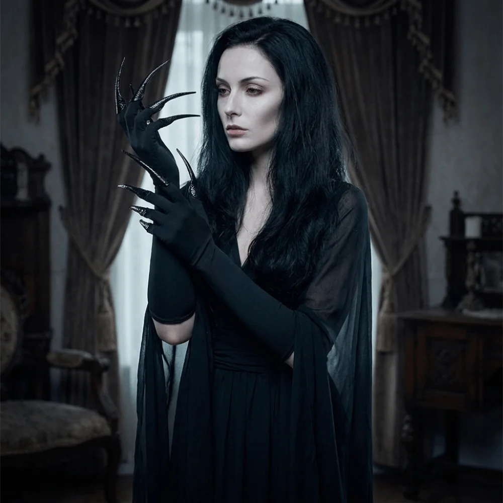 Gothic Long Nails Gloves Black Stretch Polyester Halloween Witch Gloves Elastic Black Detachable Claw Nails Gloves Roleplay