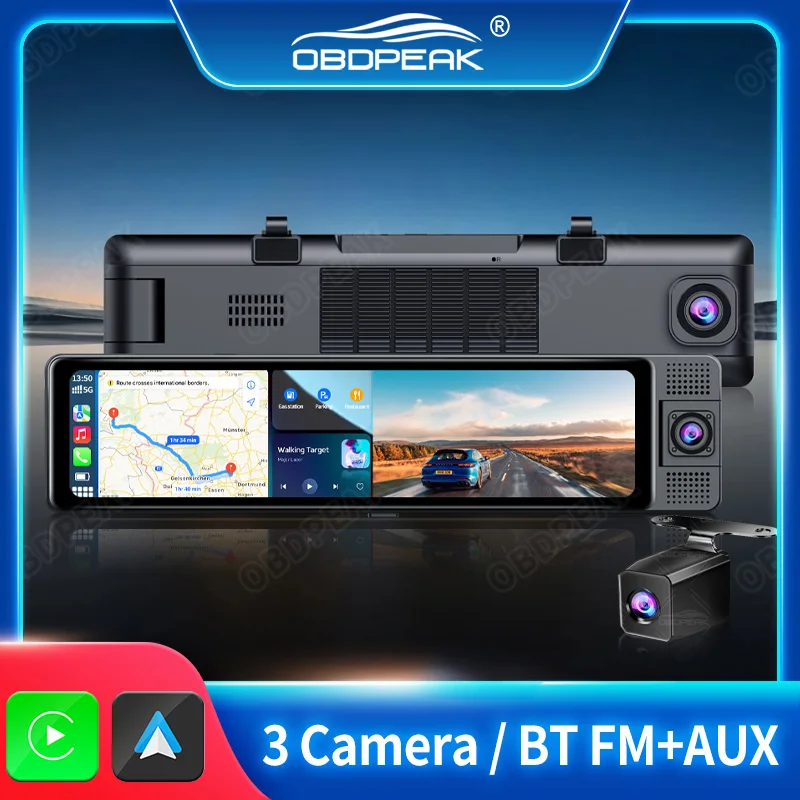 K1 Dash Cam 2.5K 1440P Car DVR 3 Cameras Carplay & Android Auto Rearview Mirror GPS Navigation AUX BT Output Auto Video Recorder