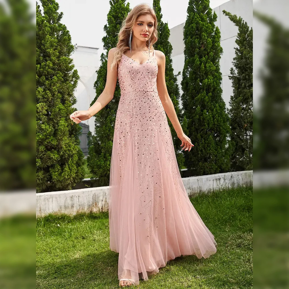 

BAZIIINGAAA Party Dress Glittery Sequin V Neck Spaghetti Strap Tulle Bridesmaid Dress Evening dress