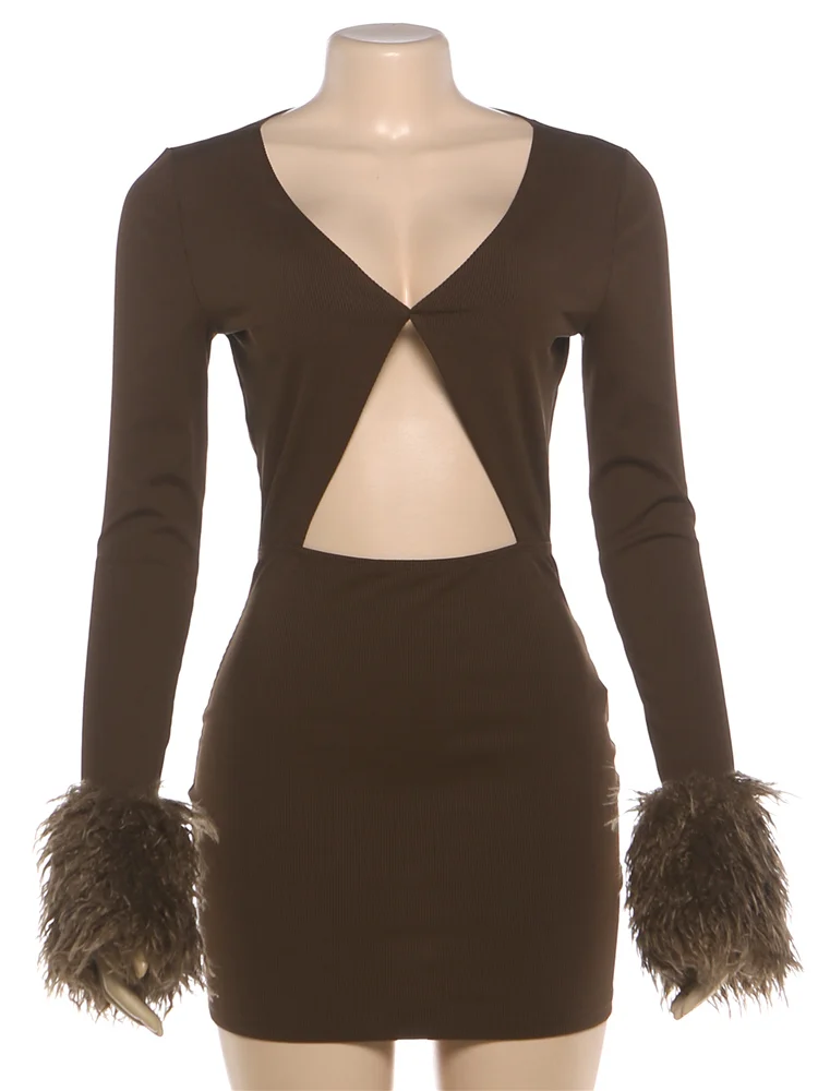 Kliou Sexy Hollow Design Dress Woman Low-Neck Furry Patchwork Full Sleeve Skinny Peach Hip Hottie High Street Style Mini Bodycon