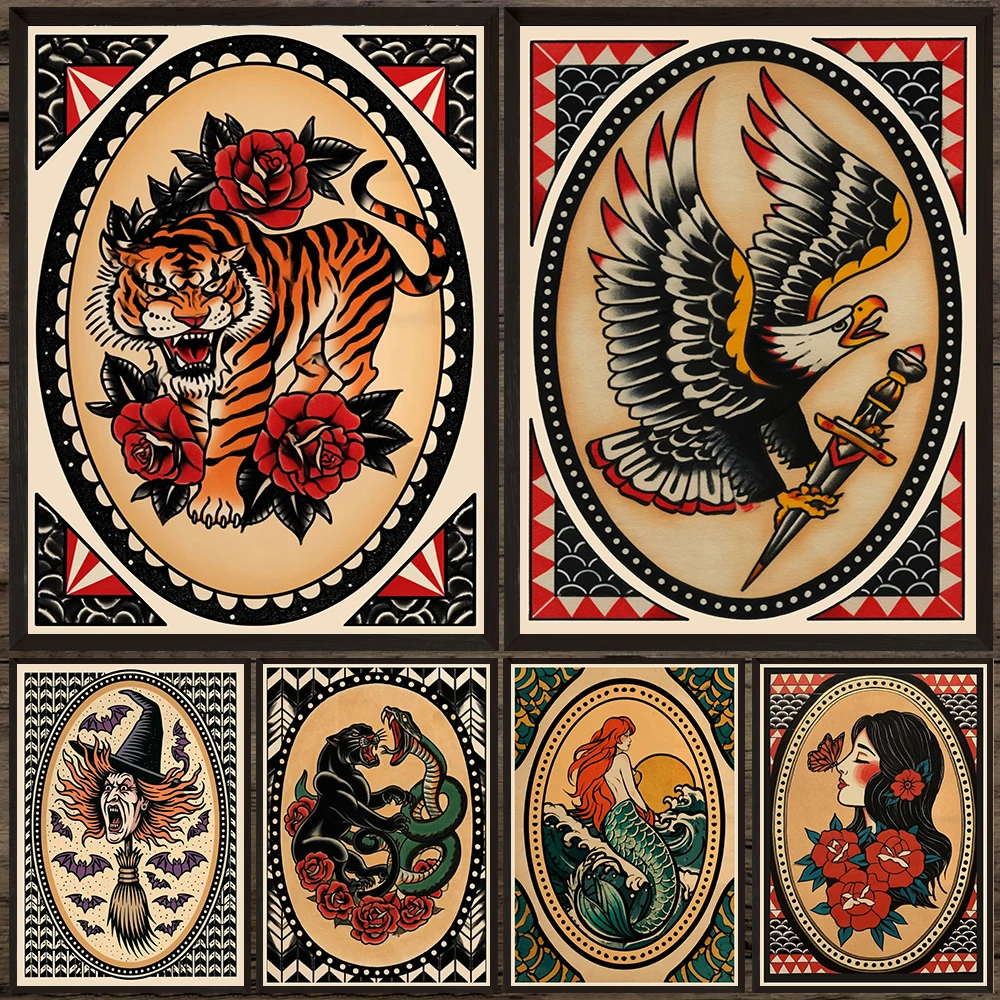Retro Old School Tattoo Style Wall Poster Eagle Panther Snake Mermaid Sailor Canvas Print Tattoo Studio Bar Bedroom Decor Art