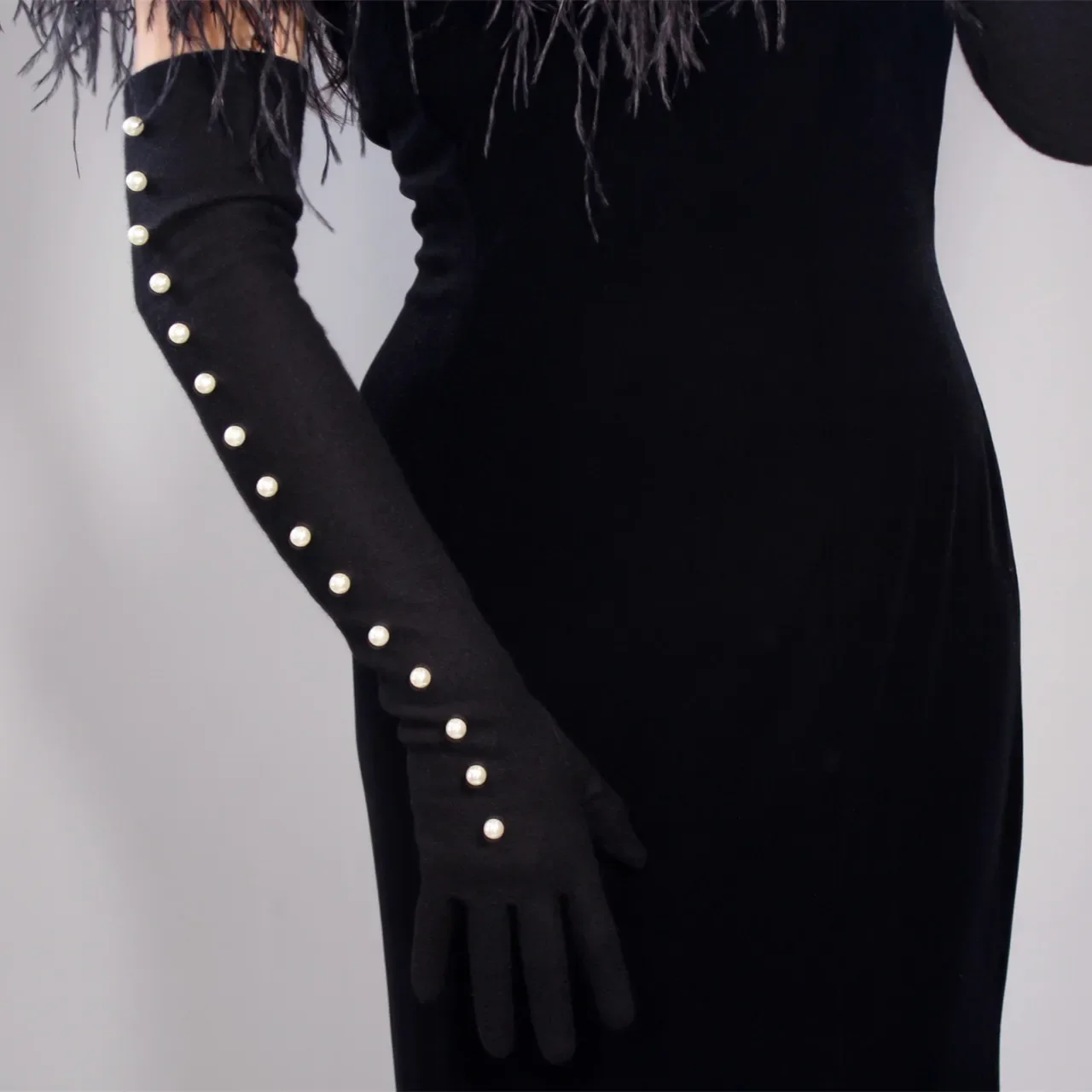 Women's 60cm Long Black Pearl GLOVES WOOL CASHMERE Winter Arm Warmers Long Warm Sleeves Merino Fashion Opera Evening Party Glove