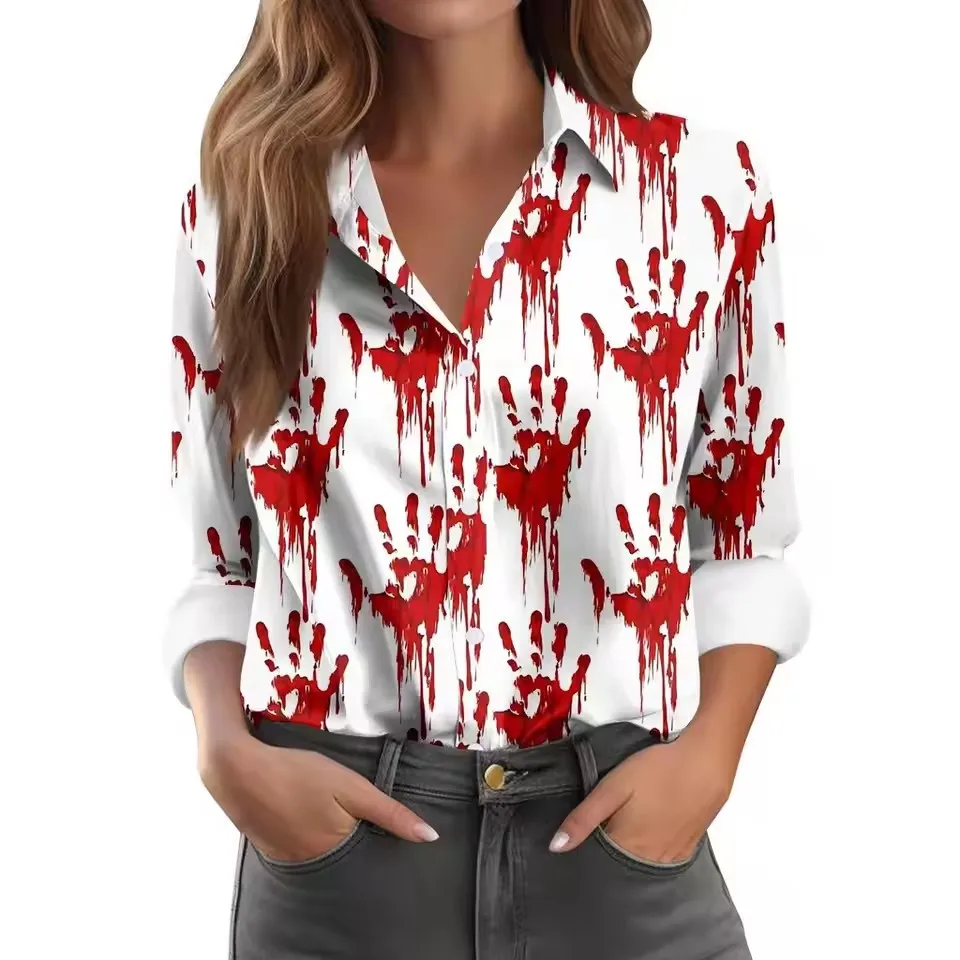 Damska koszulka na Halloween z nadrukiem 3D, horror, krwawe odciski dłoni, długi rękaw, kołnierzyk, codzienna bluzka dla kobiet.