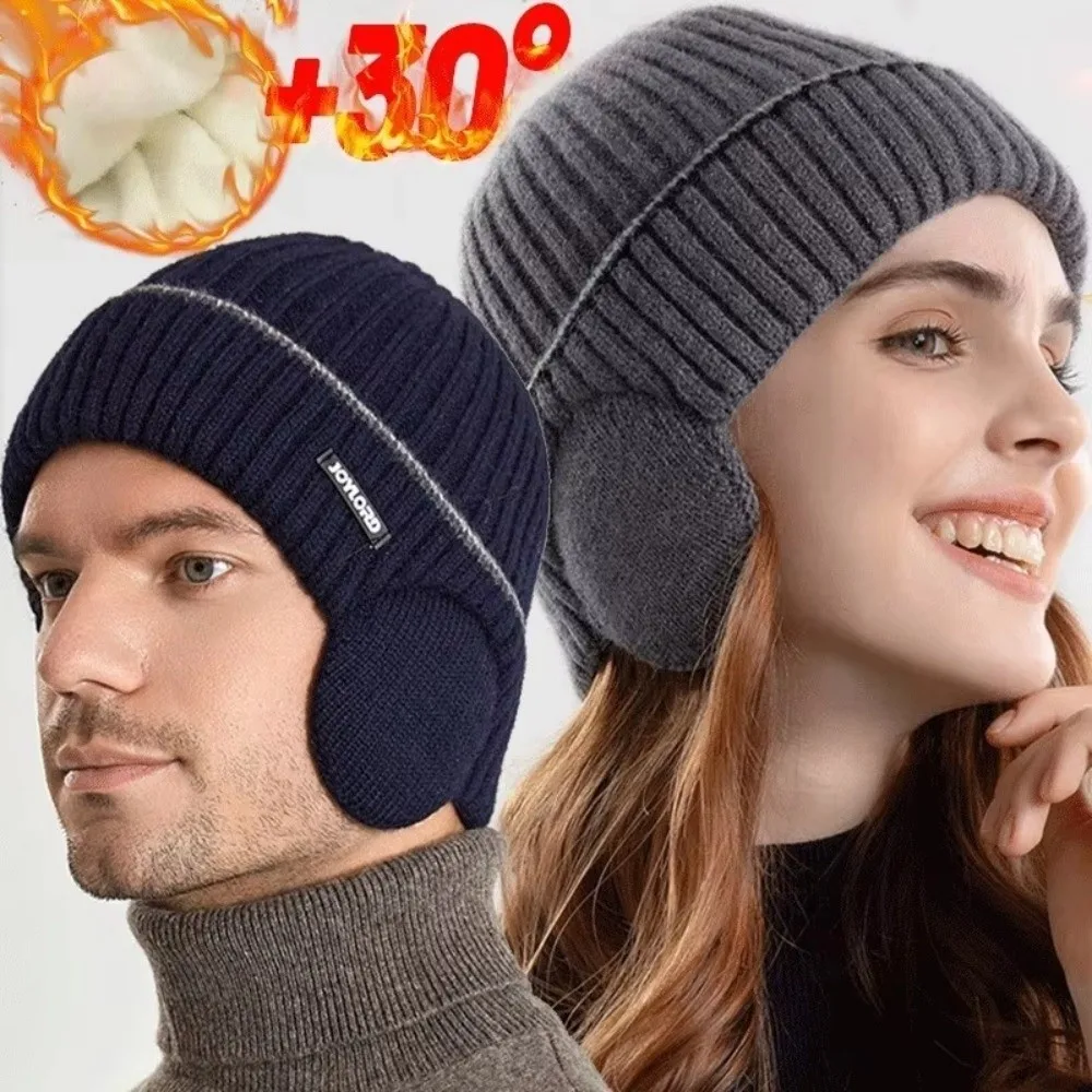 Fashion Thickened Knitted Hat Warm with Earmuffs Ear Protector Cap Soft Windproof Skiing Cap Unisex