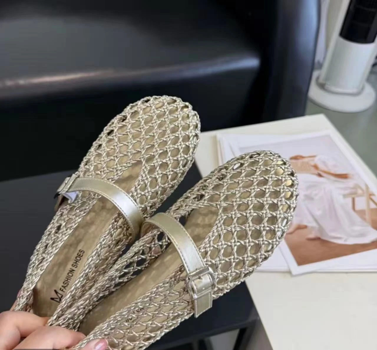 Summer New Versatile Trendy Hollow Woven Mary Jane Shoes for Women, One-strap Breathable Low-cut Flats, Granny Fishnet Shoes