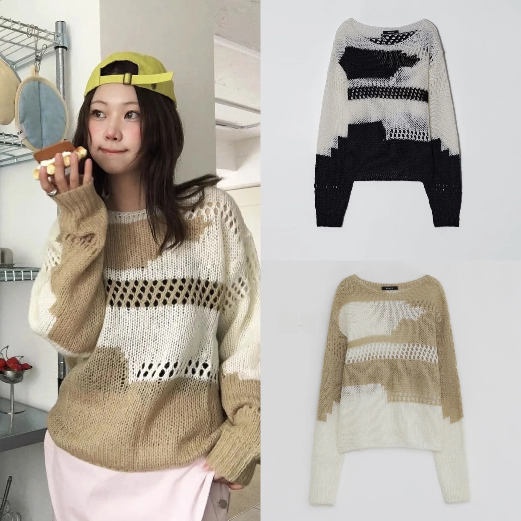 Now! South korea  Di * Gonal New Irregular Hole Hollow out Fleece Over fit knit Long sleeve Sweater