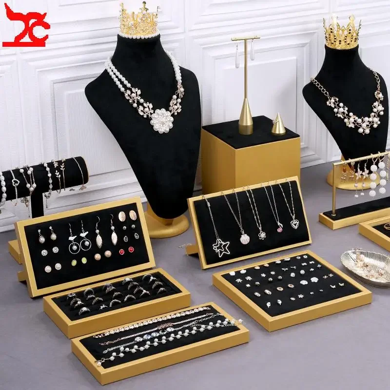 

Black Velvet and Gold Frame Set Jewelry Display Rack Earring Bracelet Organizer Props Necklaces Showcase Modle Store Supplies