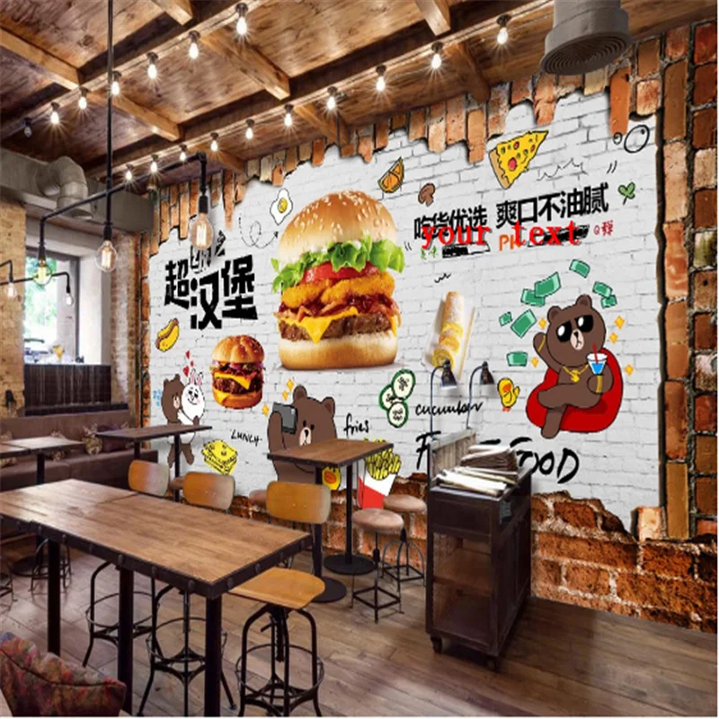 

Custom Burgers Western Fast Food Hot Dog Restaurant Background Wall Mural Wallpaper 3D Snack Bar Hamburger pizza Wall Paper 3D