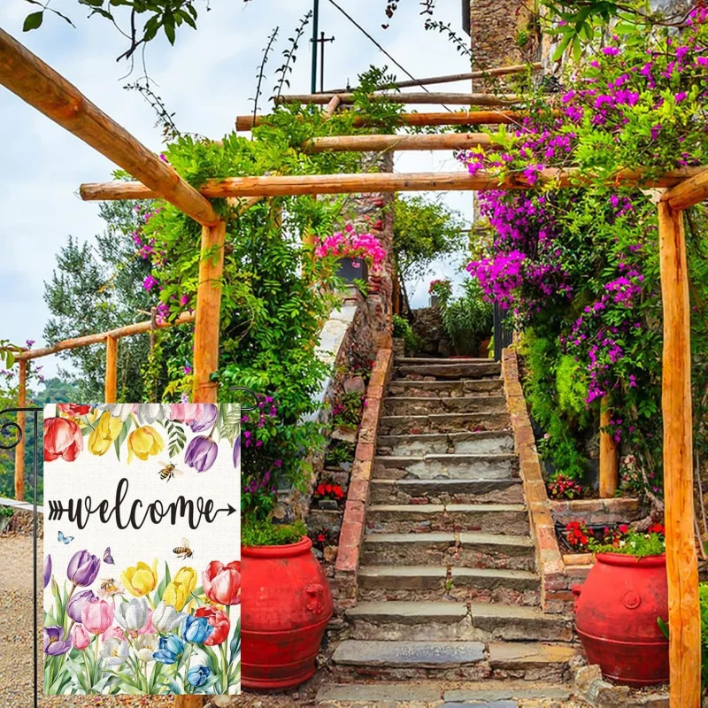 ฤดูใบไม้ผลิฤดูร้อนดอกไม้ยินดีต้อนรับสวนธงทิวลิปยินดีต้อนรับบ้านธงสองด้านฟาร์มเฮาส์ลานธงซีซัน