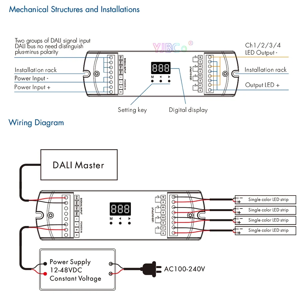 Imagem -04 - Única Cor Led Faixa Din Rail Dimmer Canais 4ch Dt6 cv Dali Led Dimmer Da4-d Trilho Din Da4-l Pmw Escurecimento 12v24v 4ch 5a ch