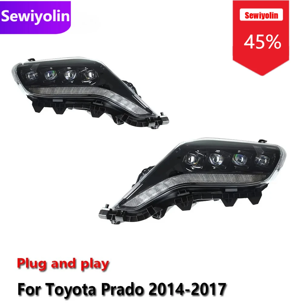 

Авто светодиодные фары в сборе для Toyota Prado 2014-2017, противотуманные фары DRL, стоп-сигнал поворота, Plug and Play
