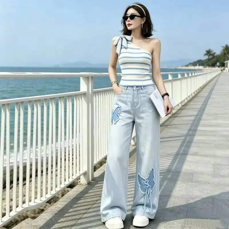 High Waist Tall American Extended Butterfly Embroidered Jeans Loose Design New Rough Edge Thin Wide Leg Pants Exquisite Trend