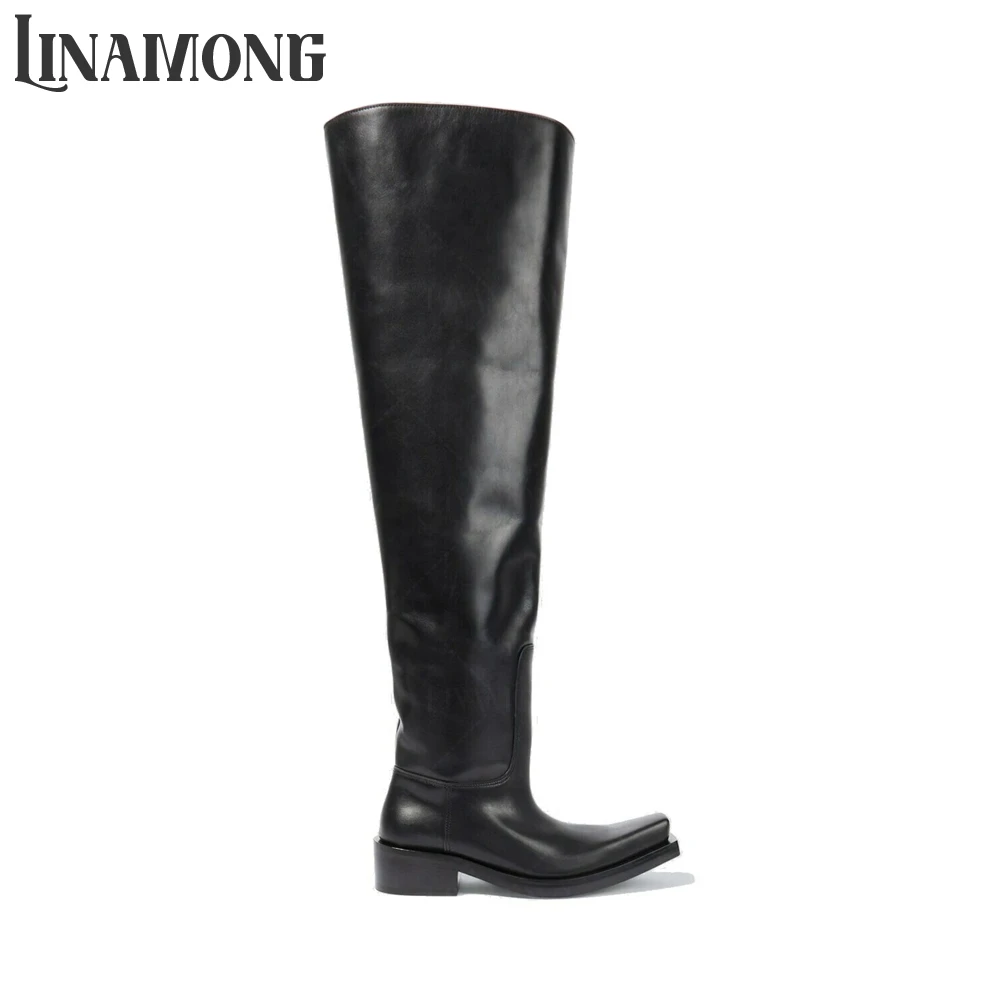 

Angled Square Toe Over-the-Knee Boots Black PU Leather Thigh High Boots Designer Novelty Style Men Boots Handmade Slip on Boots