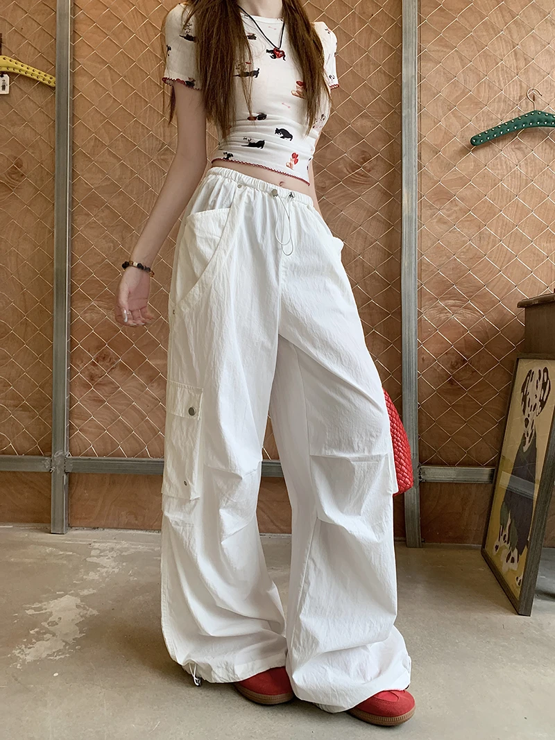 

American Style High Waist Drawstring Casual Pants Women Summer Slimming Workwear Loose Wide Leg Floor-Length Trousers