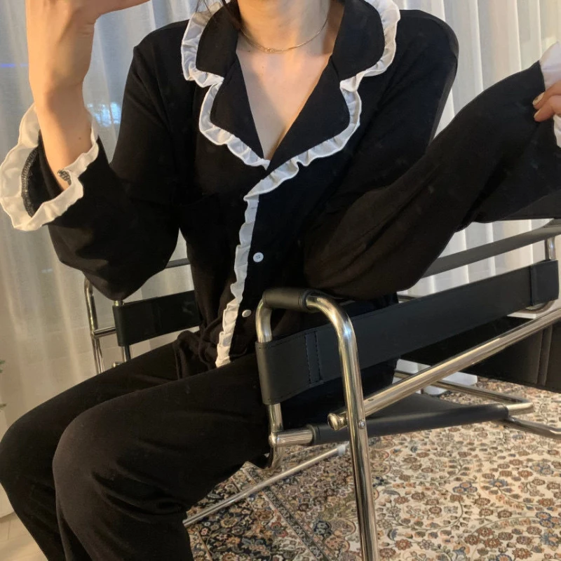 Autumn Winter Women's Pijama Set Long-sleeved Trousers Lace Pajamas Set Home Wear Clothes Black Leisure Women Sleepshirt Sisters