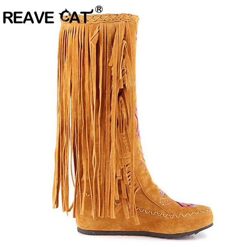 REAVE CAT Fashion Nation Flock Leather Women Fringe Flat Heels Long Boots Spring Autumn Tassel Knee High Boots