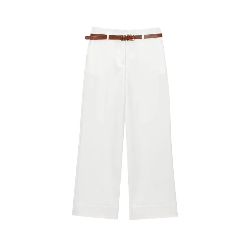 Summer 2025 New Women's Casual Pants with Belt Simple Cuffed Hem High Waist Straight Leg Long Trousers Commute Style Fashion