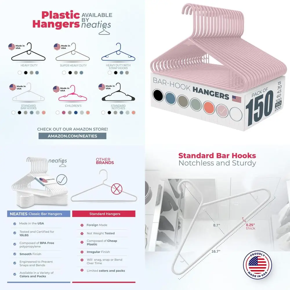 

Set of 150 USA-Made Pink Plastic Hangers for Dresses, Lingerie, Shirts, and Pants with Strap Hooks