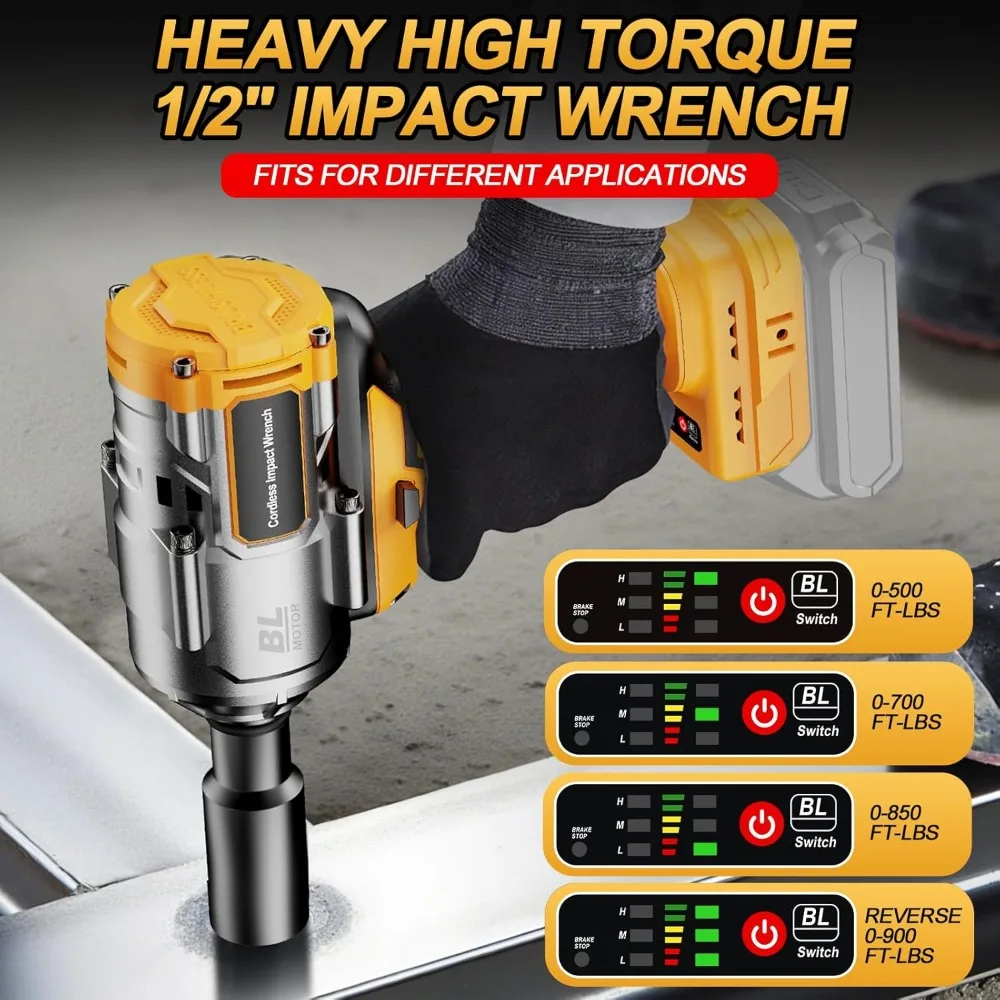 Аккумуляторный ударный гайковерт 1/2 дюйма, бесщеточный двигатель с высоким крутящим моментом 1200 Нм, 3 скорости, с 5 головками для ремонта автомобилей