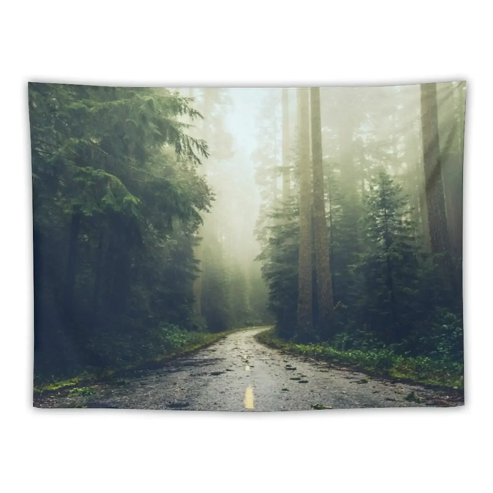 Green Forest Fog Road Wanderlust - California Redwoods Road Trip Tapestry Home Decoration Decoration For Bedroom Tapestry