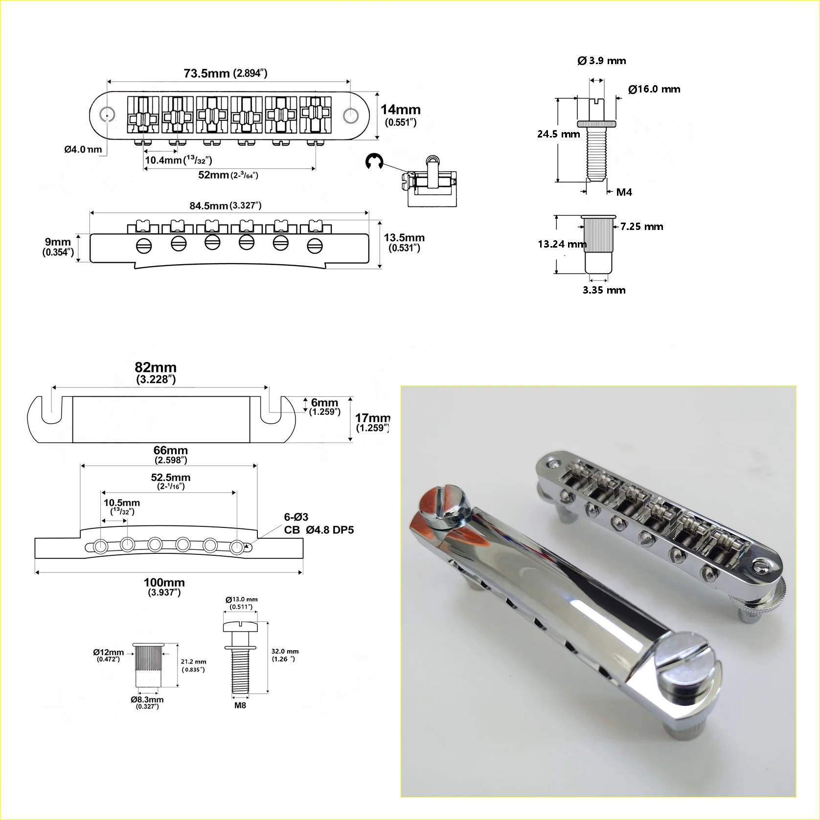 Guitar Roller Saddle Bridge Tailpiece Set, Tune-O-Matic Style, Chrome for ABR LP SG EPI Electric Guitars Replacement Parts