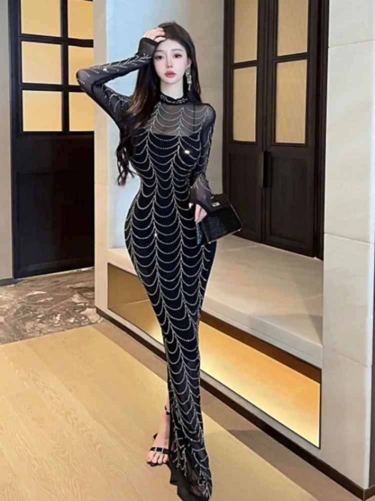 Ezgaga Woman Dress Stand Collar Mesh Patchwork Long Sleeve Rhinestone Slim Sexy Elegant Party Dresses Ladies Chic Fashion