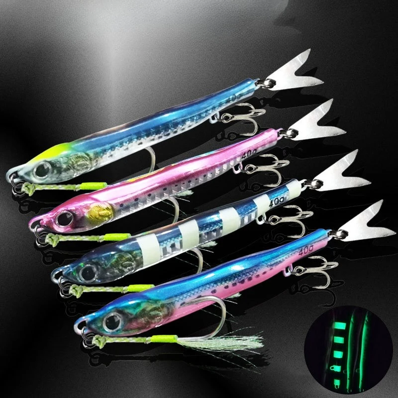 

2pcs 40g-80g UV Glow Jig 3D Metal Jig Snapper Lure Tuna Lure Saltwater Vertical Fishing Jigpara Hard Bait Assist Hook
