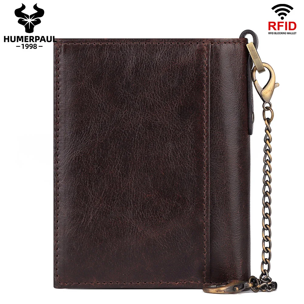 HUMERPAUL Real Leather Wallet for Men RFID Blocking Card Holder Purse High Quality Handmade Male Bifold Purse Zipper Coin Pocket