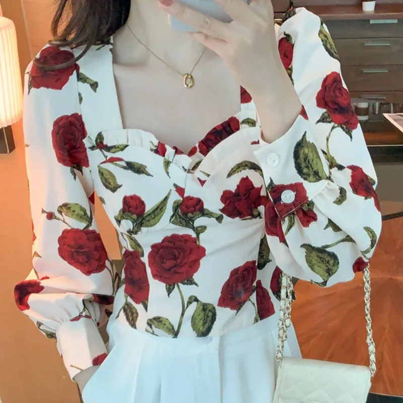 Long Sleeve Shirts Women Floral Printed Spring Summer Thin Vintage Chic Cropped Tops Loose Square Collar Chains Basic Clothes